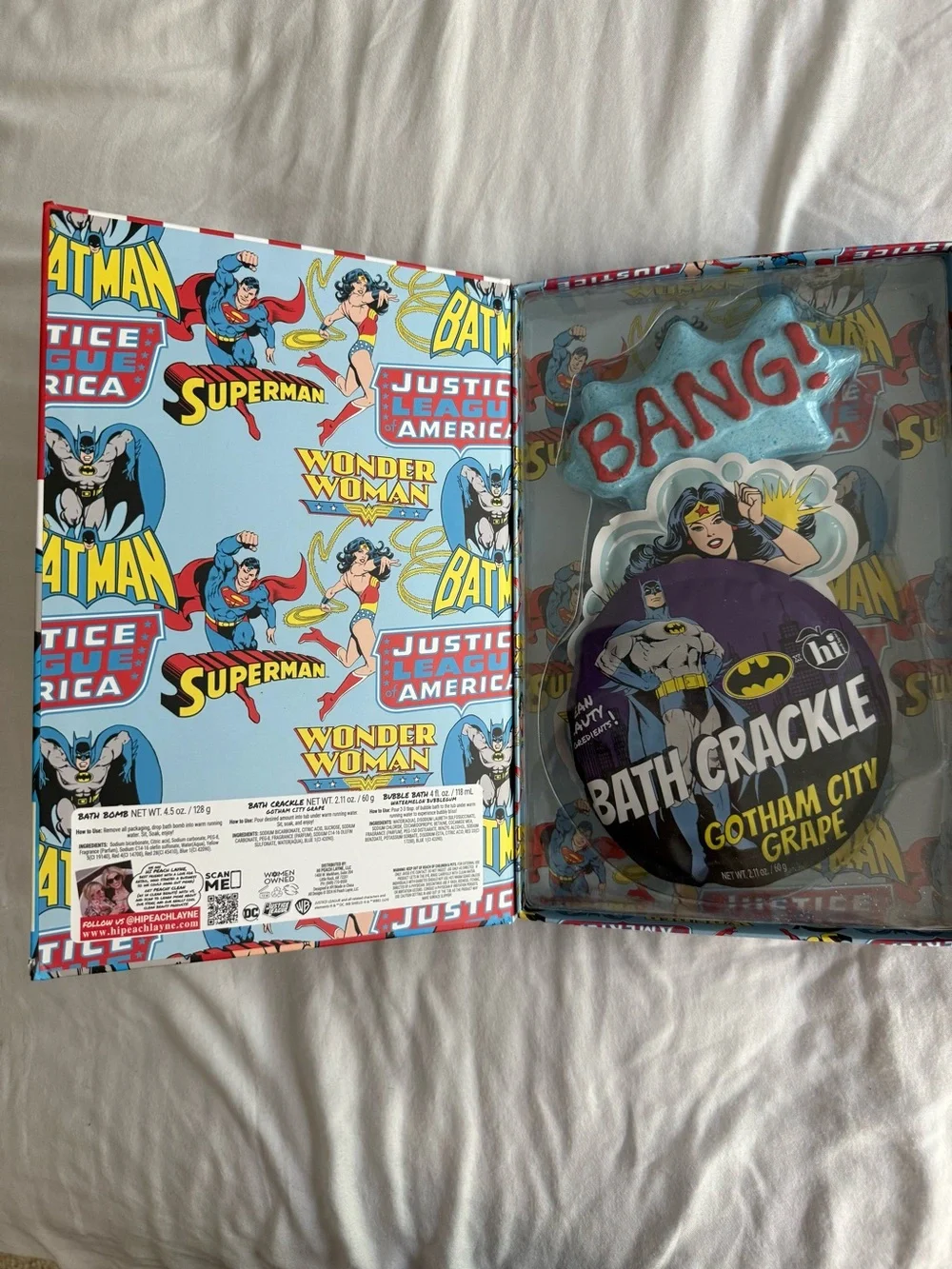 Justice League x Hi Peach Layne NIB Bath Set Bath Bomb Bath Crackle Bubble Bath